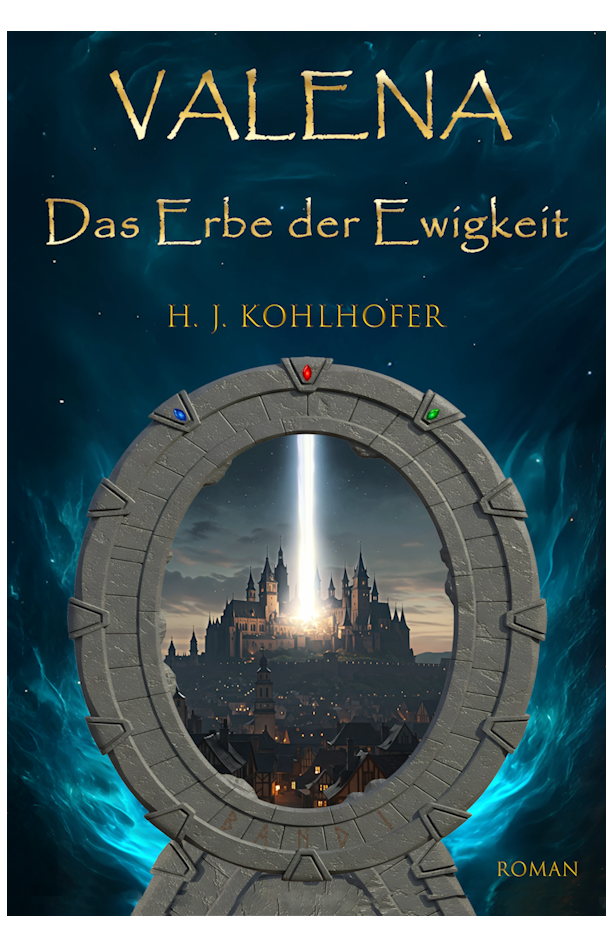 Fantasyroman 2025  -Buchcover von "Valena: Das Erbe der Ewigkeit". Ein ovales Tor, dass eine Szene aus dem Buch zeigt.