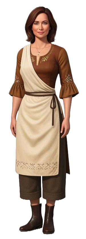 Frau in braunem Oberteil und heller Schürze, mit weiten Hosen und Stiefeln.
