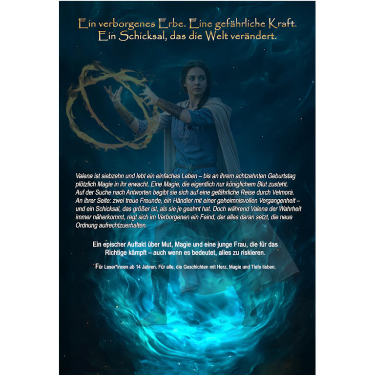 Fantasyroman 2025 - Eine Frau in einem blauen Gewand, die einen Feuersturm entfacht.