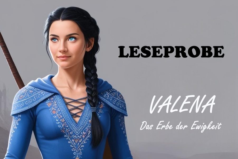Gratis Leseprobe für den Fantasyroman "Valena - Das Erbe der Ewigkeit". Zu sehen ist eine Frau in blauer Kleidung und schwarzem Zopf.