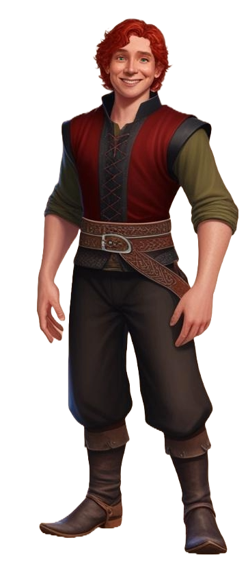 Junger Mann mit roten Haaren, trägt eine Weste, Hose und Stiefel, freundlicher Gesichtsausdruck.
