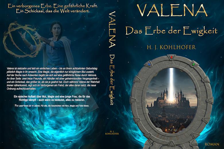 Buchcover von "Valena: Das Erbe der Elfen", präsentiert Fantasy-Elemente und eine mystische Szenerie.
