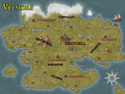 Karte von Velmora mit Städten und Geographie. Orte sind beschriftet.